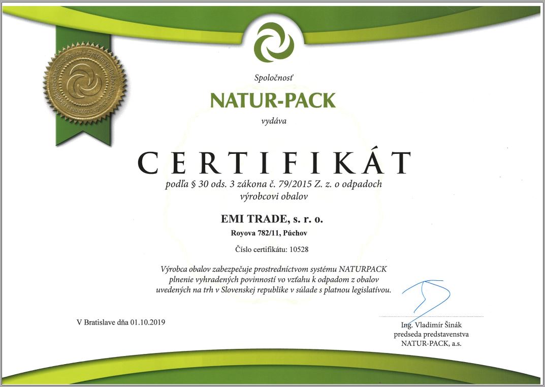 Certifikát Natur-pack pre EMI TRADE, s.r.o.
